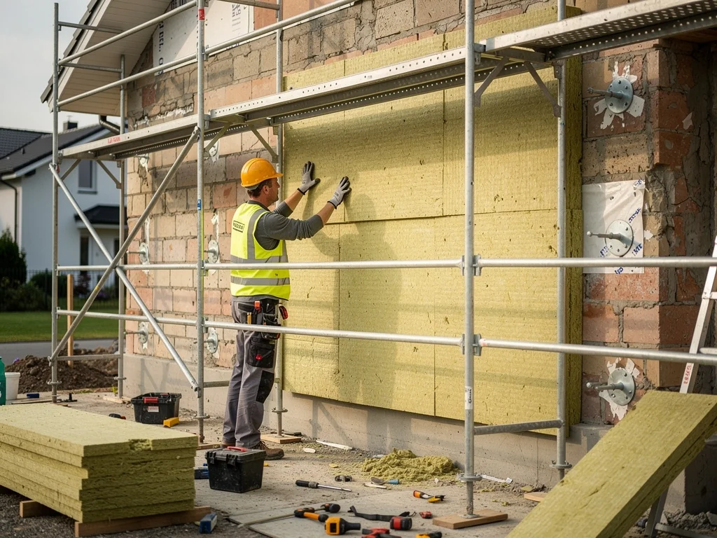 Pose de panneaux isolants en laine de roche sur un mur, échafaudage en place